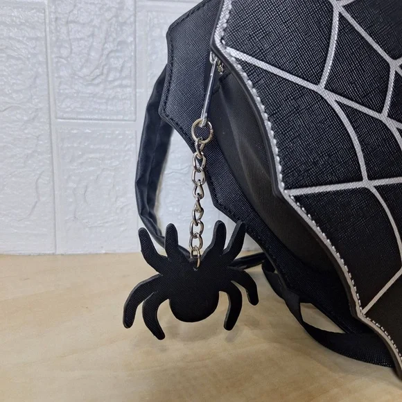 Mad Engine Fine By Me Black Spiderweb Heart Straps Goth Backpack Purse - Picture 4 of 11